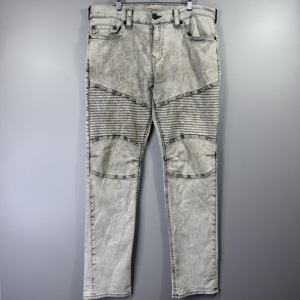 True Religion Rocco Jeans Mens 38x33 Gray Acid Wash Relaxed Skinny Moto Denim